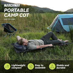 Marchway camping cot lever-lock action illustrated during easy assembly.