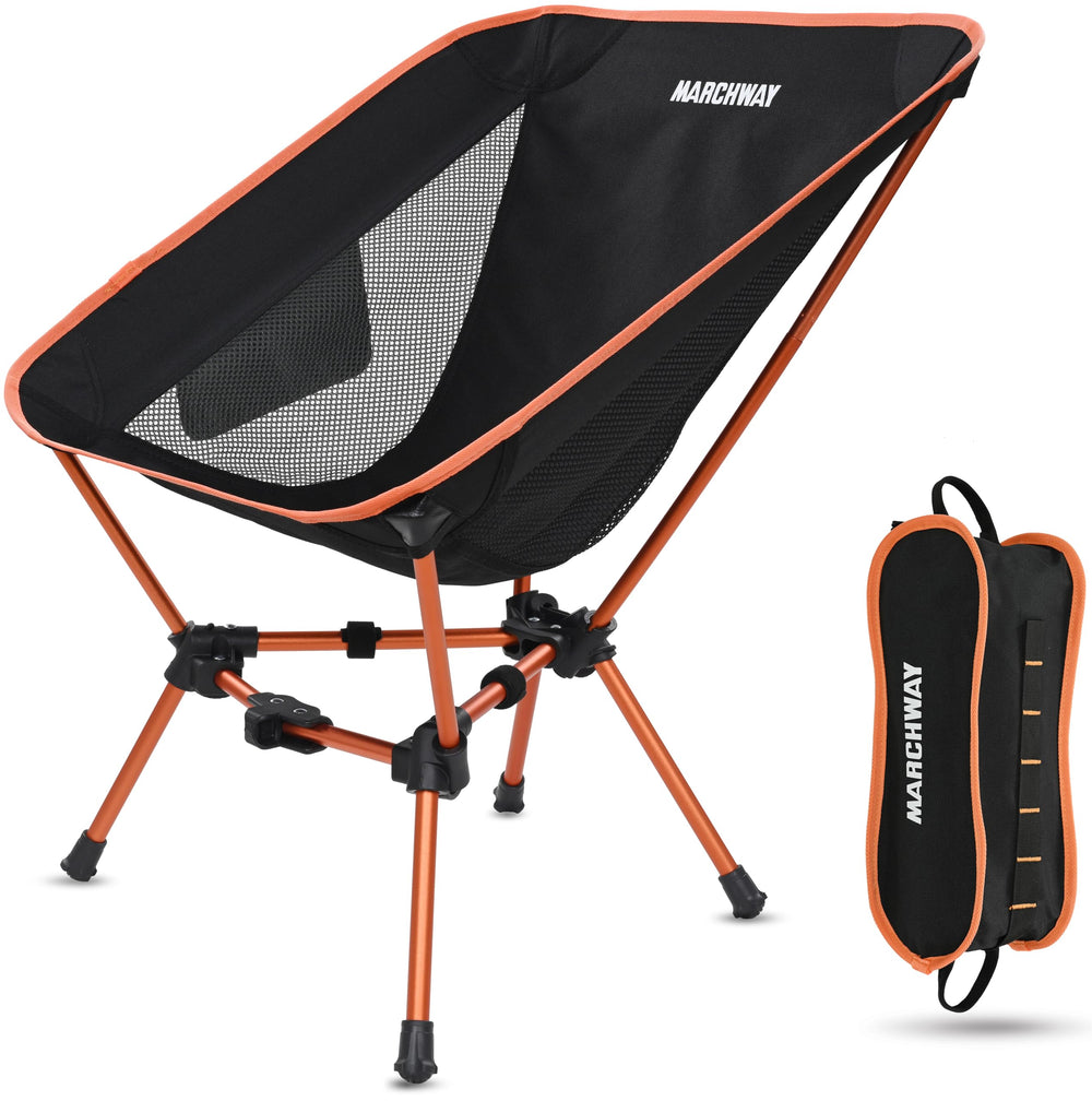 MARCHWAY lightweight camping chair orange front view, showcasing compact foldable design for travel.