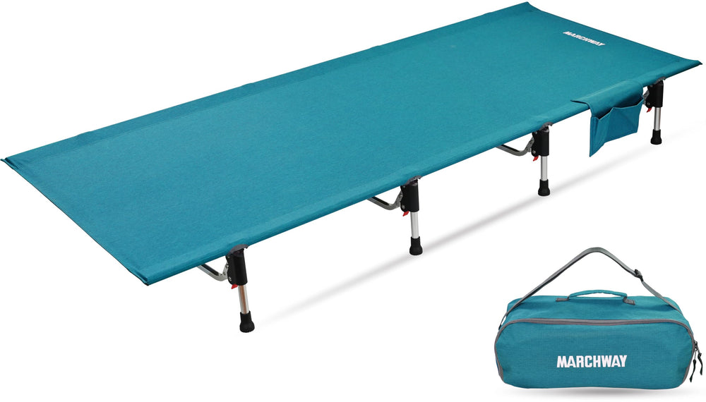 MARCHWAY blue folding cot front view with sturdy frame for reliable outdoor rest