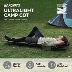 MARCHWAY ultralight cot army green on campsite demonstrates off-ground comfort and stability