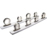 Marine City 4-rod hanger with white poly board stores reels securely on a boat.