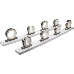 Marine City 4-rod hanger with white poly board stores reels securely on a boat.
