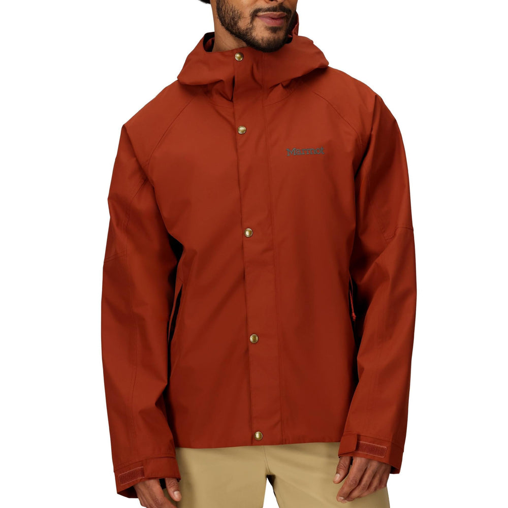 MARMOT Cascade jacket front view demonstrates waterproof protection for rainy hikes.