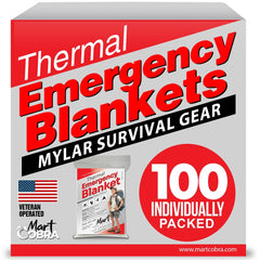 Mart Cobra emergency blanket 100-pack bulk ready for homeless care kits and quick warmth.