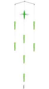 MasterPro squid spreader bar green 3 rings highlights high-visibility lures for attracting distant billfish.