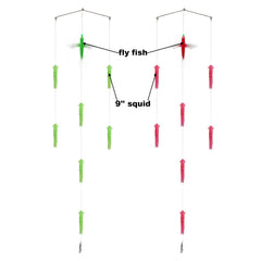 MasterPro squid spreader bar pink 3 rings boosts visibility in low light for marlin and tuna.