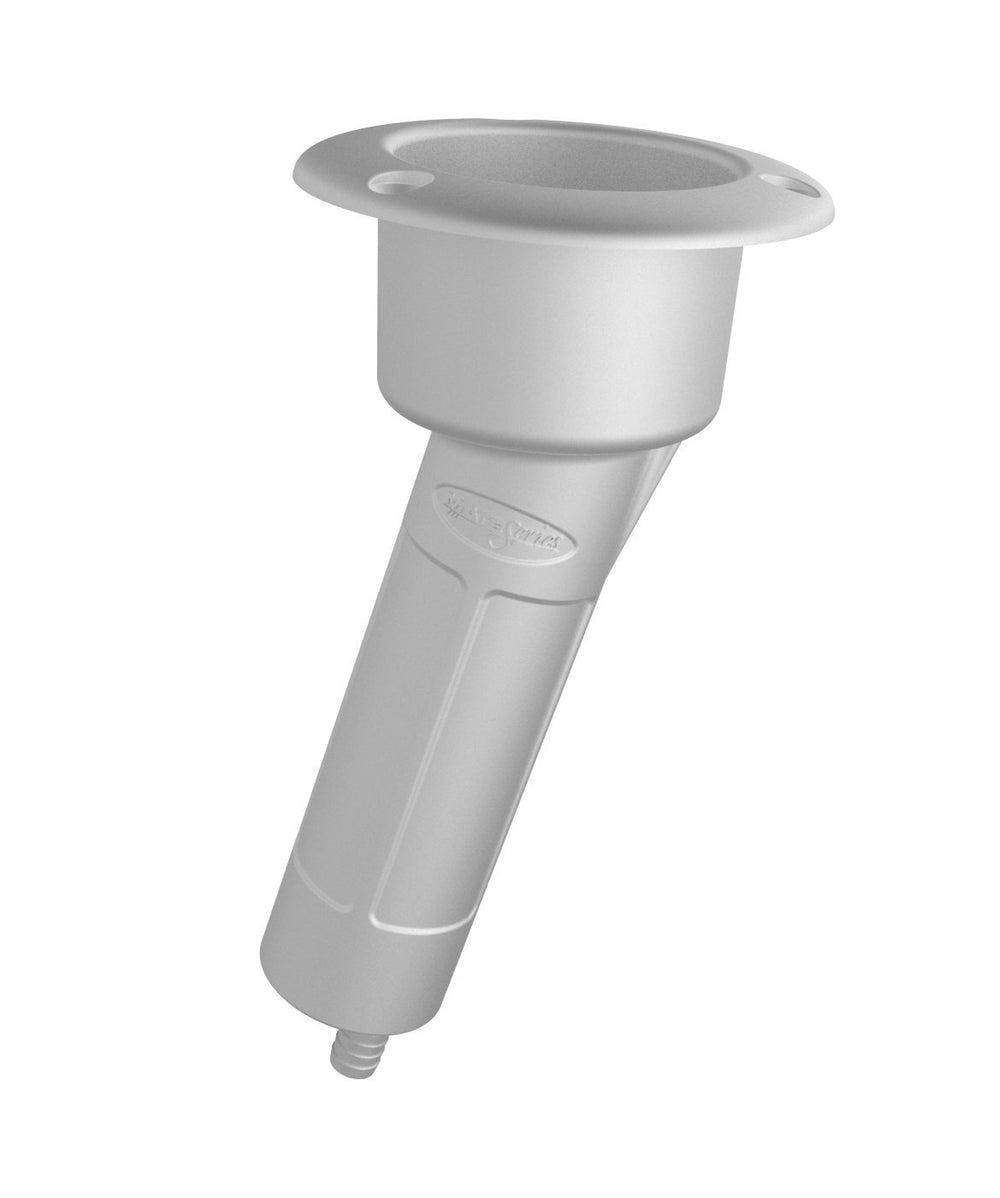 Mate Series 15° rod and cup holder with drain and round top on white finish for boat organization