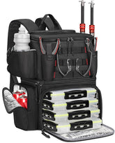 Front view of MATEIN cooler fishing backpack with four tackle boxes