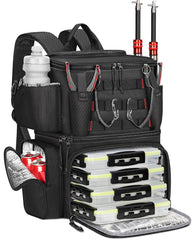 Front view of MATEIN cooler fishing backpack with four tackle boxes