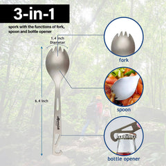 Maverick Cycles titanium spork bottle opener handle demonstrates multitool convenience for outdoor trips.