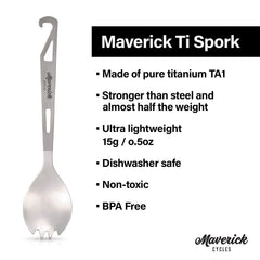 Maverick Cycles titanium spork promotes eco-friendly meals away from plastic during adventures.