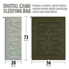 Maxam digital camo sleeping bag packed for compact backpack transport.