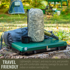 Maxam digital camo sleeping bag with water-resistant shell protects comfort during unexpected drizzle.