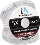 M MAXIMUMCATCH fluorocarbon tippet spool close-up with clear labeling for quick size checks