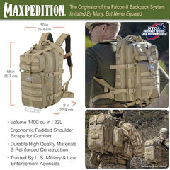 Maxpedition Falcon-II clamshell main compartment for easy gear access.
