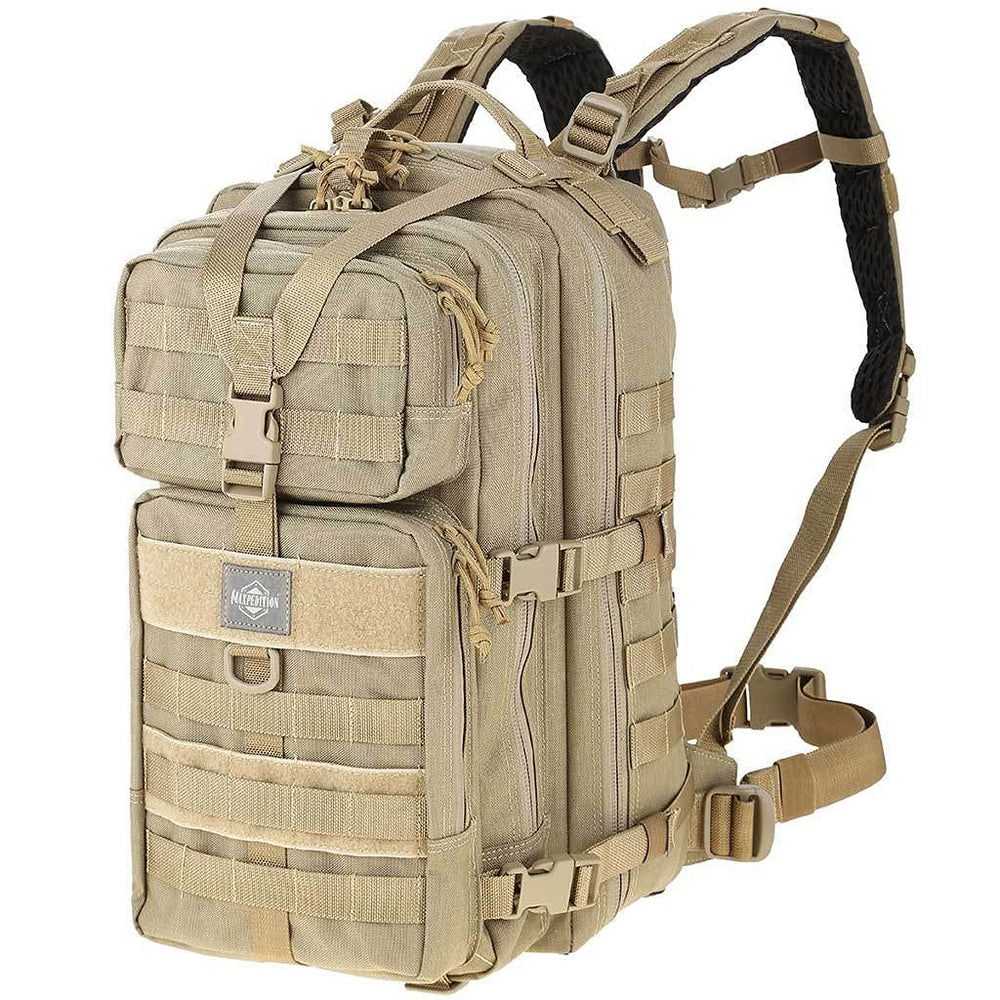 Maxpedition Falcon-III backpack front view in khaki, showing spacious storage