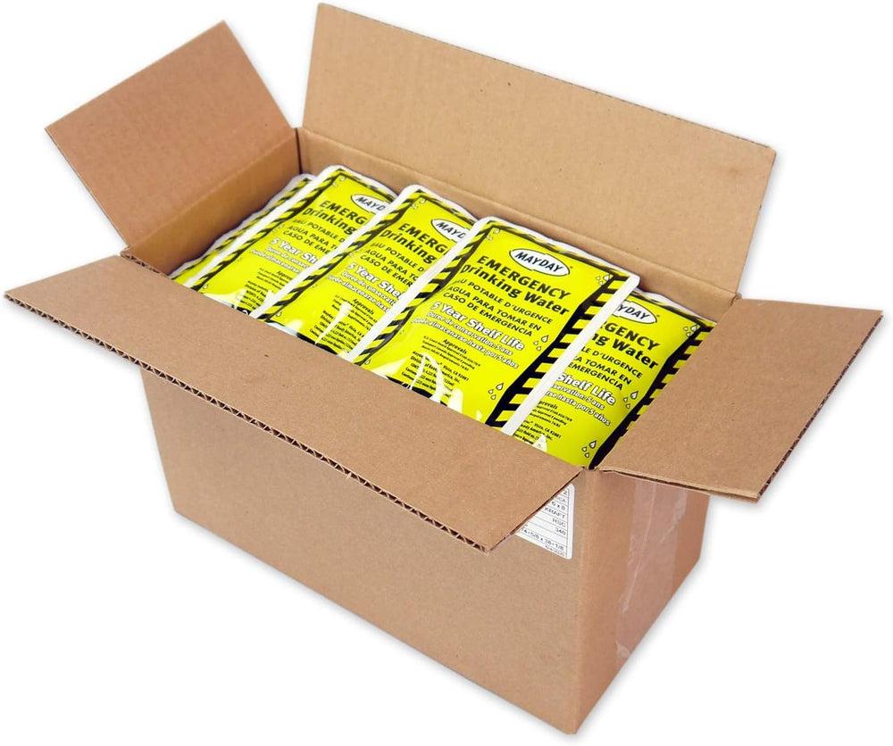 Mayday emergency water pouches in a 100-pack case for reliable preparedness.