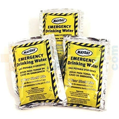 Stacked Mayday water pouches demonstrate case capacity for emergencies.