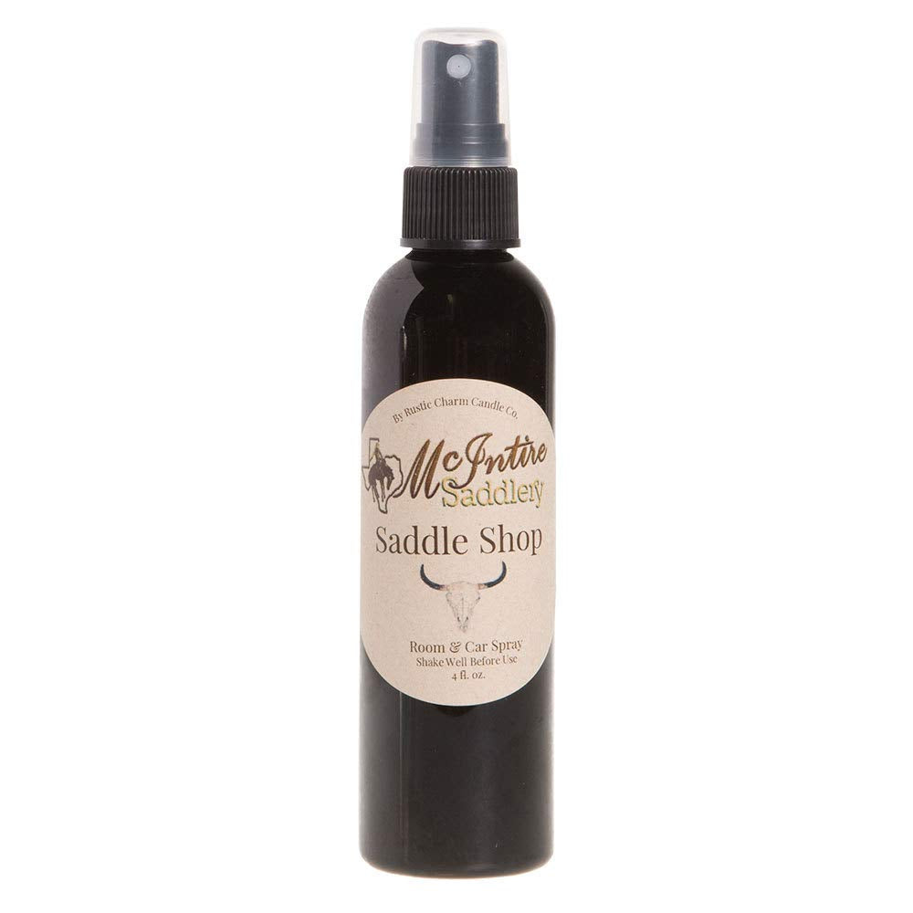 McIntire Saddlery Saddle Shop Room Spray bottle, evokes traditional leather shop aroma for tack rooms