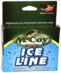 McCoy Fishing ice-line spool demonstrates durability and low memory for cold water fishing.