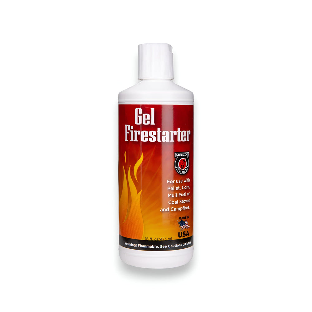 Meeco's Red Devil 416 Gel Firestarter bottle pour for quick, clean ignition of stoves