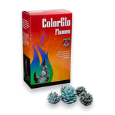 Meeco's Red Devil ColorGlo flames cones adding blue, green and purple to a cozy fireplace