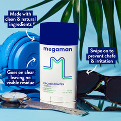 Megababe Megaman Friction Fighter Go skin-contact focus reduces rubbing for comfortable wear.