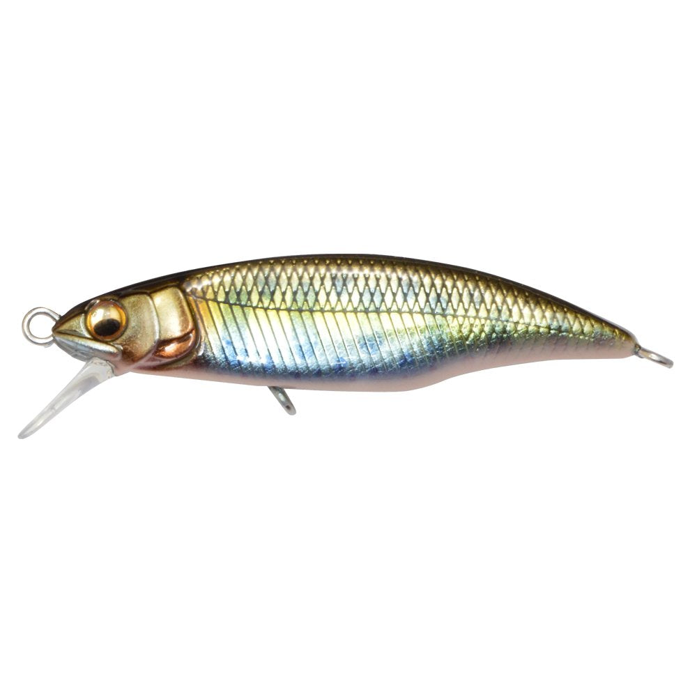 Megabass Great Hunting 45 Flatside Sea Salmon Fry front view highlighting fast sinking minnow action for deep-water fishing