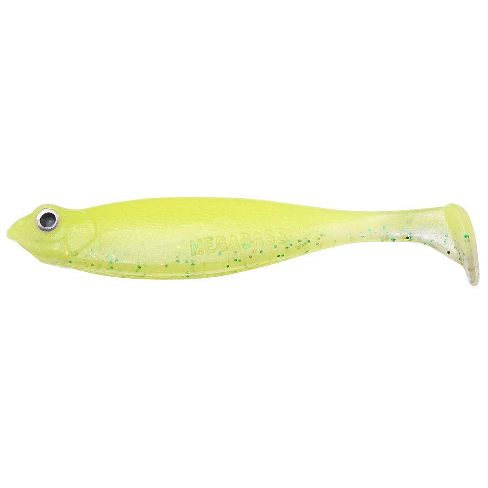 Megabass Hazedong Shad SW 3 Glow Chart Lime side view showing slim, water-gripping profile.