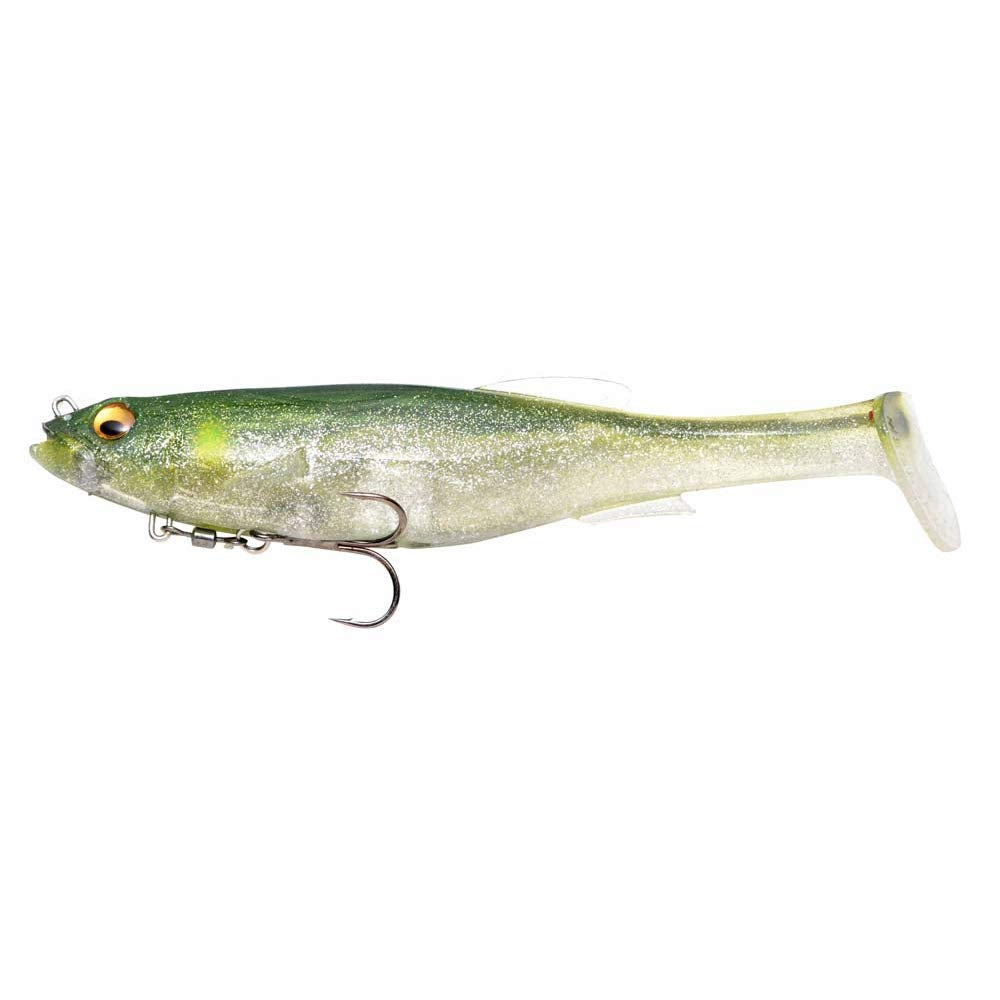 Megabass Magdraft six-inch Albino Pearl Shad with lifelike paddle tail action for bass
