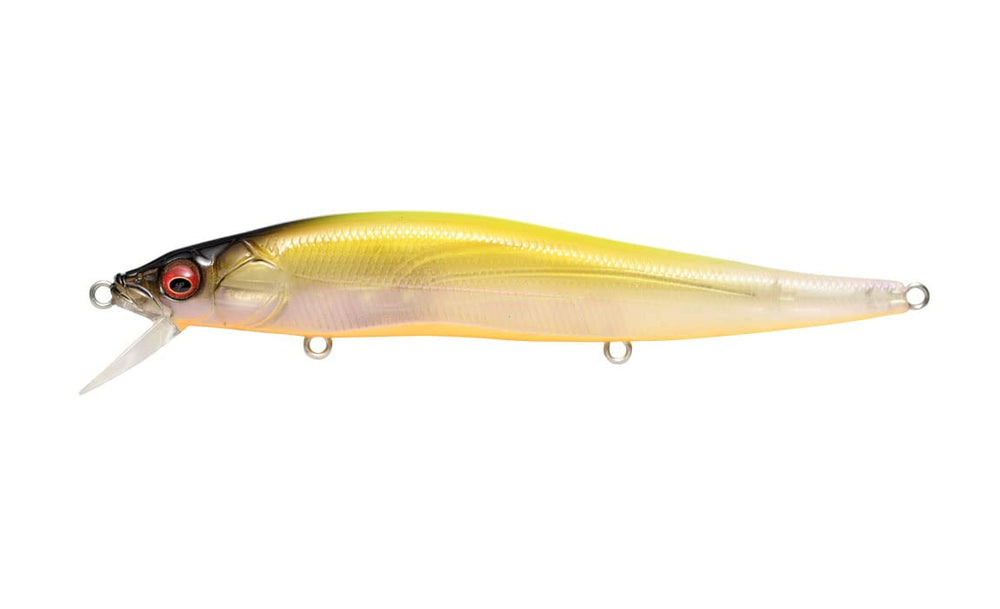 Megabass Vision 110 jerkbait in PM Twilight Chartreuse Back, ready for bass fishing.