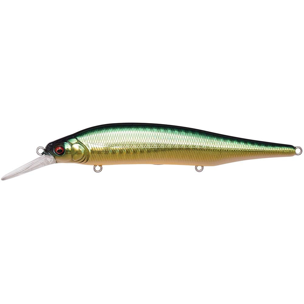 Megabass X-80 Magnum+1 lure front view in GG Lime Gold OB for deep water casting