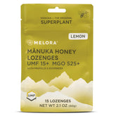 Melora Manuka honey lozenges front pack for quick throat comfort.