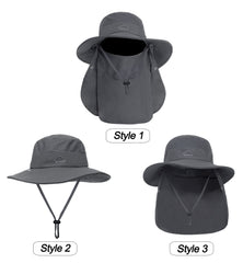 Wide brim sun hat protecting face and neck in dark gray.