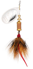 Mepps Aglia dressed treble lure in silver with brown tail, versatile for freshwater fishing across many species.