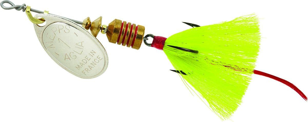 Mepps Aglia dressed treble lure in Silver-Yellow for versatile freshwater fishing