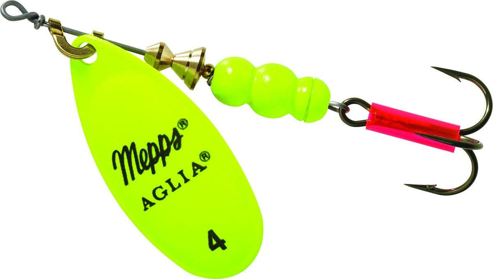 Mepps B4 HC Aglia lure front view in hot chartreuse for high visibility.