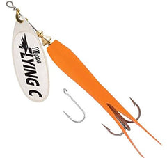 Mepps Flying C lure in hot orange-silver ready for freshwater and nearshore fishing.