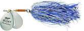 Mepps MFD7T CSC double blade musky flashabou lure with silver-blue flash attracts muskies.