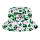 Mercuryelf Weed Alien bucket hat front view with vibrant print for sunny days.