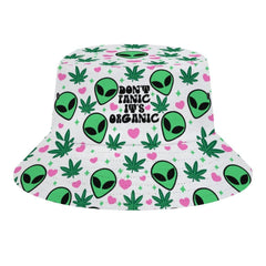 Mercuryelf Weed Alien bucket hat front view with vibrant print for sunny days.