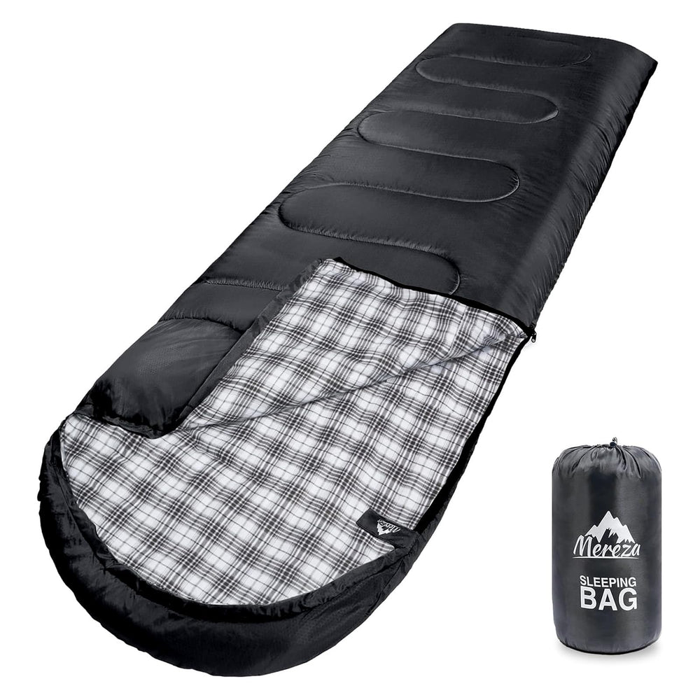MEREZA Flannel Sleeping Bag XL setup shows spacious bed-like comfort for camping.