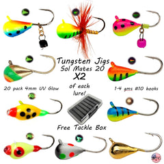 Mermaid Gear Sol Mates 20-pack UV glow ice jigs with free tackle box.