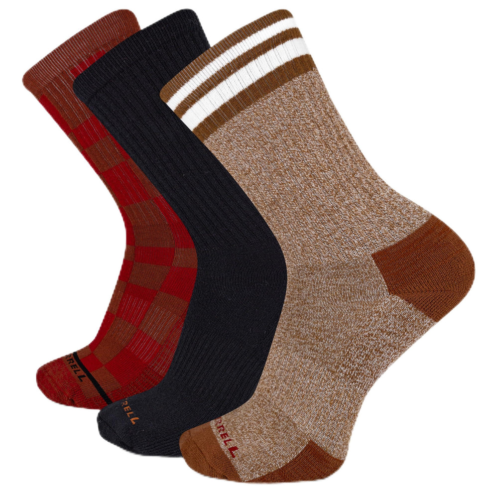 Merrell Camper Everyday Wool Crew Sock front view in brown for trail-ready moisture control.