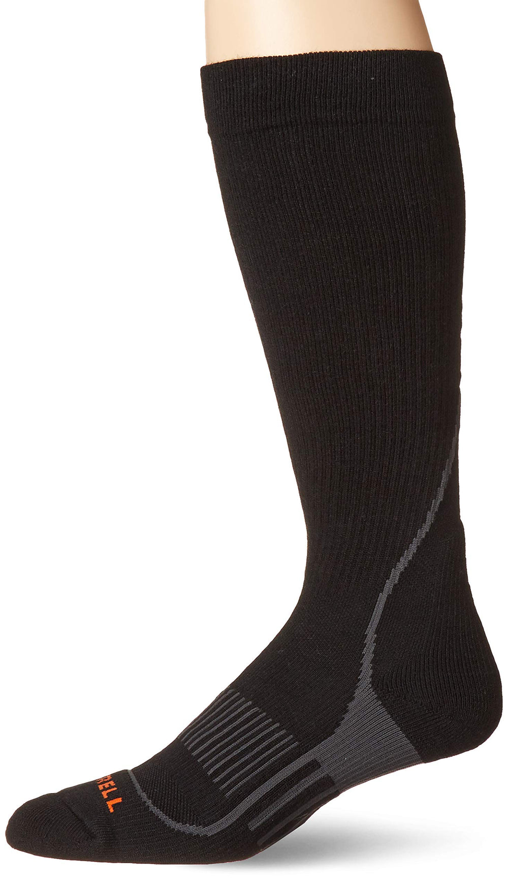 Merrell wool compression hiker over-the-calf sock in black for men, cushioned comfort on rugged trails