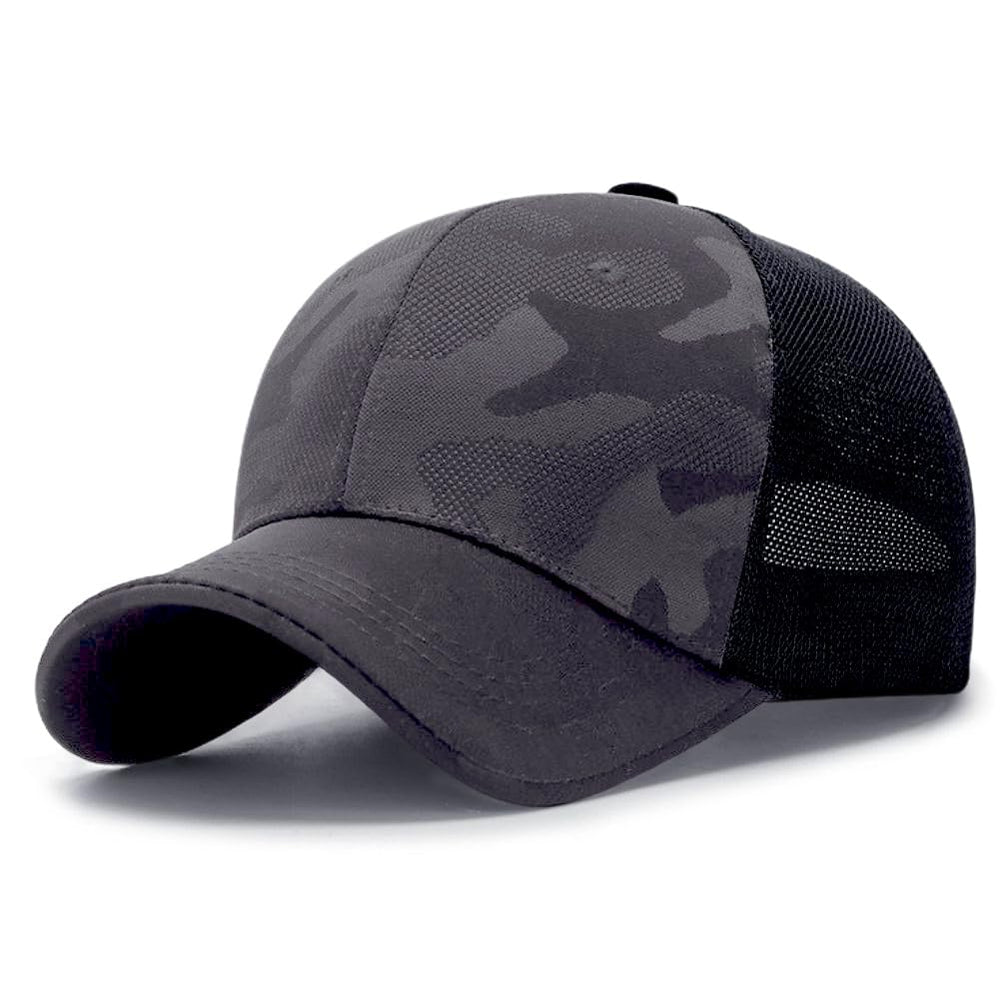 Front view of Mesh Camo Baseball Cap in dark grey