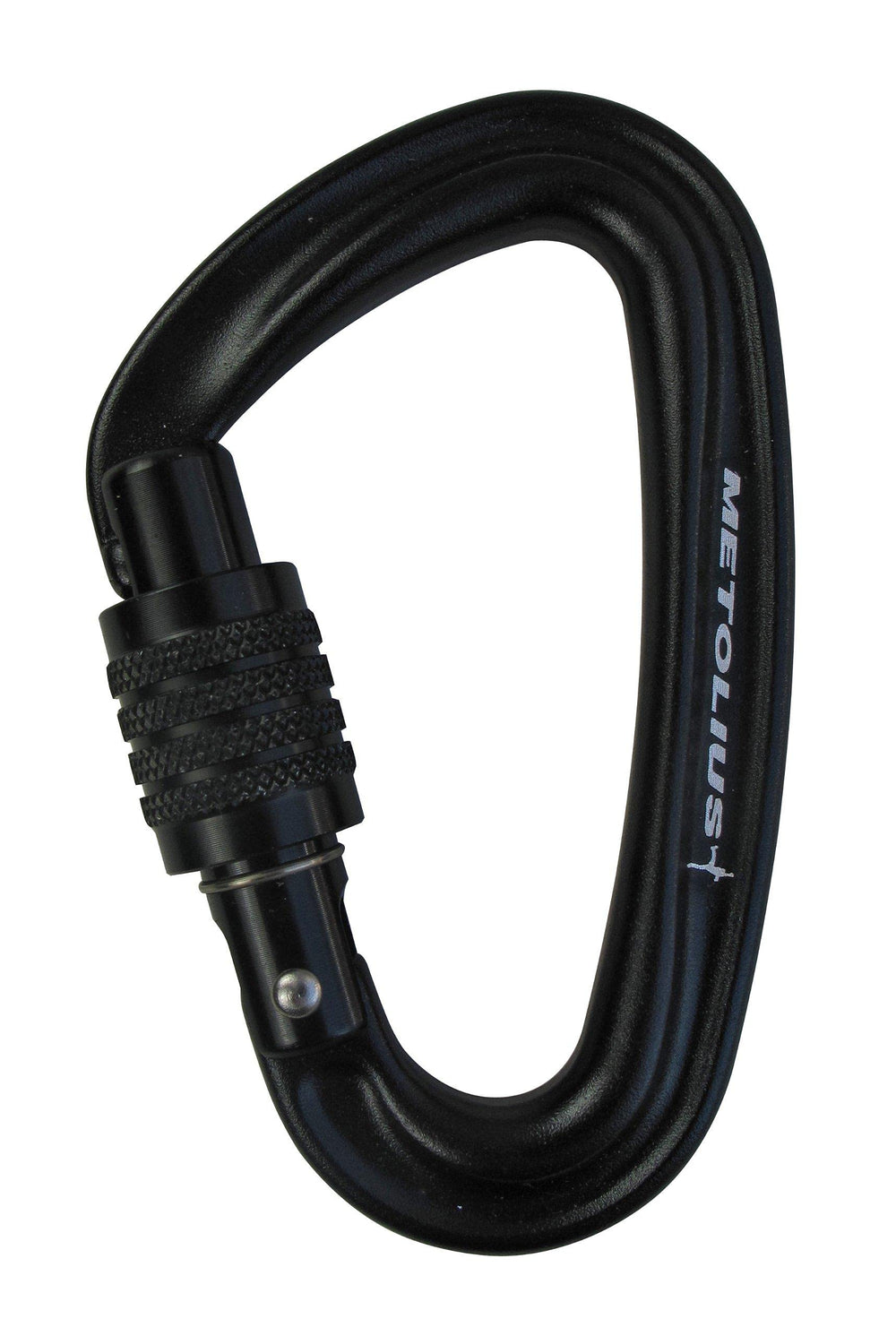 Metolius Bravo Screwgate carabiner front view with keylock for smooth rope clipping