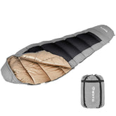 MHTD winter sleeping bag front view highlighting the YKK zipper for easy access and warmth.