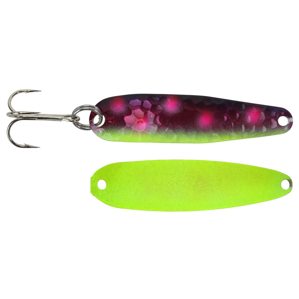 Michigan Stinger Scorpion Spoon, Jacked Up Chartreuse Back, boosts deep-water visibility for trolling.