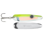 Michigan Stinger Scorpion Spoon UV Yellow Tuxedo increases deep-water visibility to attract predators.